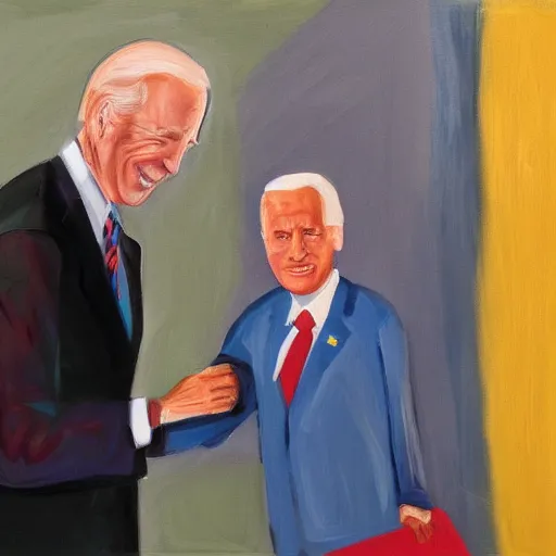 Image similar to Joe Biden shaking the hand of no one, colorful oil painting