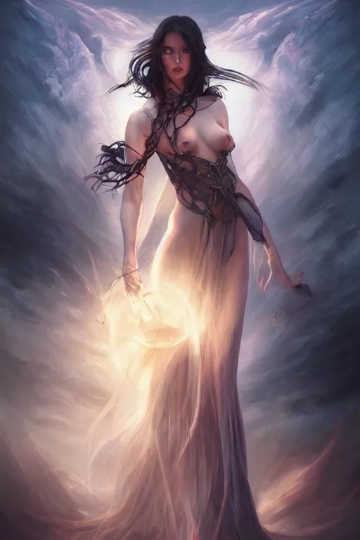Image similar to seductive looking sorceress prays!!! magic the gathering, windy hair!, surreal dark fantasy, cinematic volumetric lights, portrait, dnd, intricate, elegant, highly detailed, digital painting, artstation, concept art, smooth, sharp focus, illustration, art by artgerm and tom bagshaw and greg rutkowski and alphonse mucha