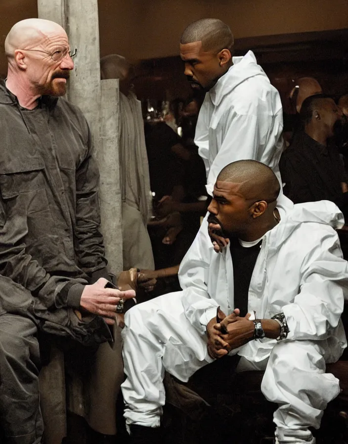 Image similar to Walter White chatting with Kanye West in a club, bad quality, phone photo, leaked photo, paparazzi photo, realistic, 720p