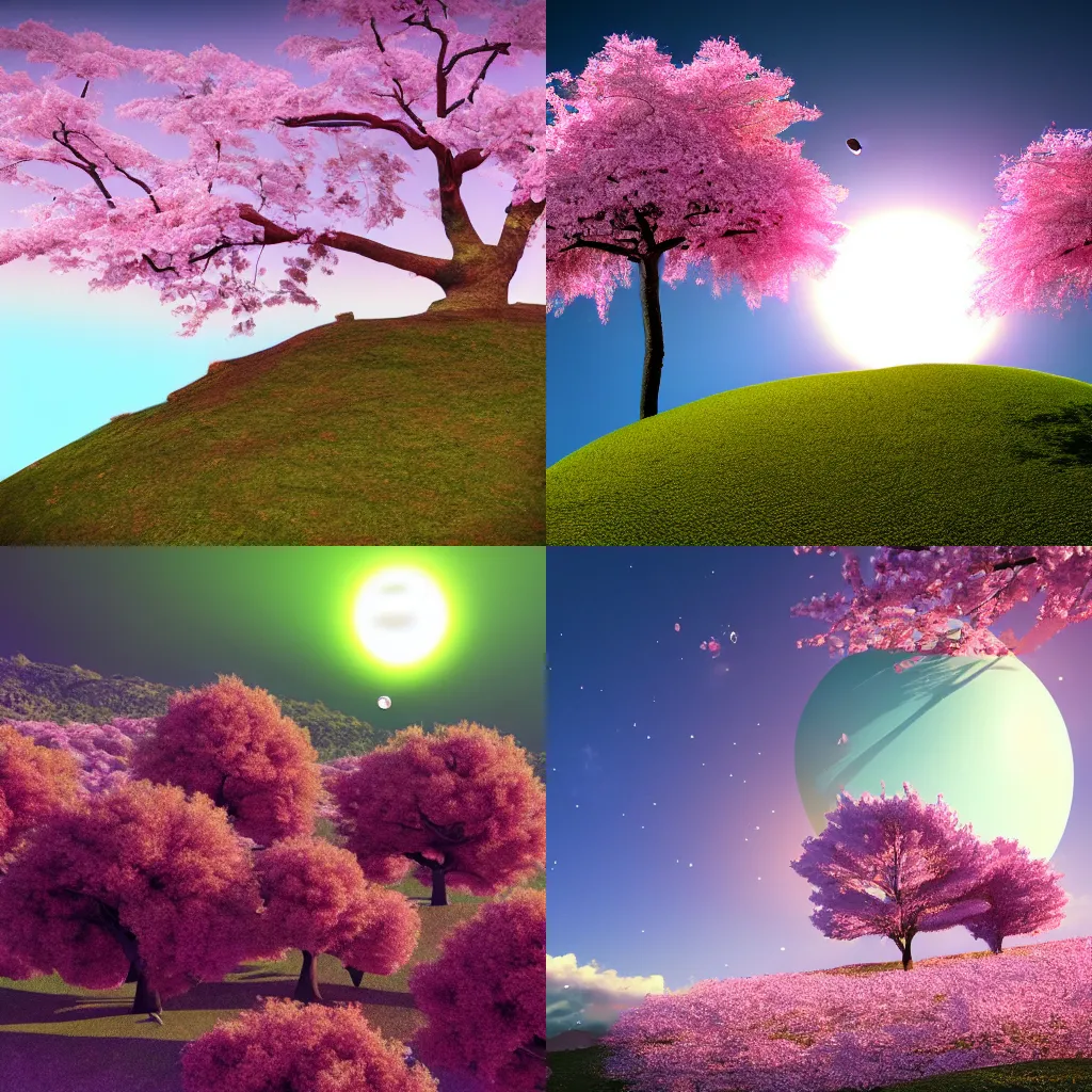 Prompt: Aesthetic 3D render of a cherry blossom tree at the top of a hill with a planet visible in the sky