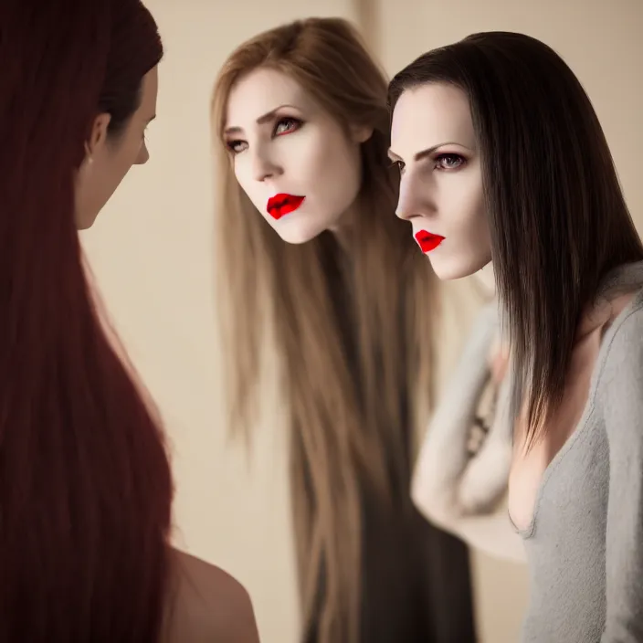 Prompt: professional photograph of a real-life beautiful tall vampire woman looking down at woman. Extremely detailed. 8k