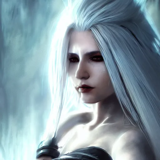 Image similar to kerli koiv, sephiroth, darkwave, darksynth character portrait, sharp, digital matte painting, art by luis royo, greg rutkowski, wlop, dramatic lighting, trending on artstation