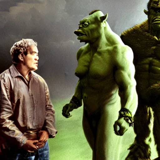 Image similar to two men having a conversation in the foreground being watched by a ffat, green orc in the background, kubrick stare, digital art