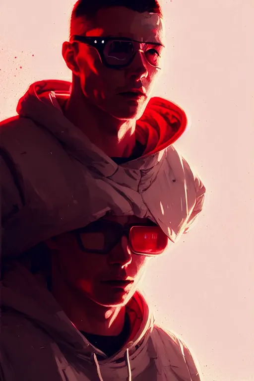 Image similar to cyberpunk synth, hyper - realistic portrait of a man in a white and red hoodie, cyberpunk, by atey ghailan, by greg rutkowski, by greg tocchini, by james gilleard, by joe fenton, by kaethe butcher, dynamic lighting, gradient light blue, brown, blonde cream and white color scheme, grunge aesthetic