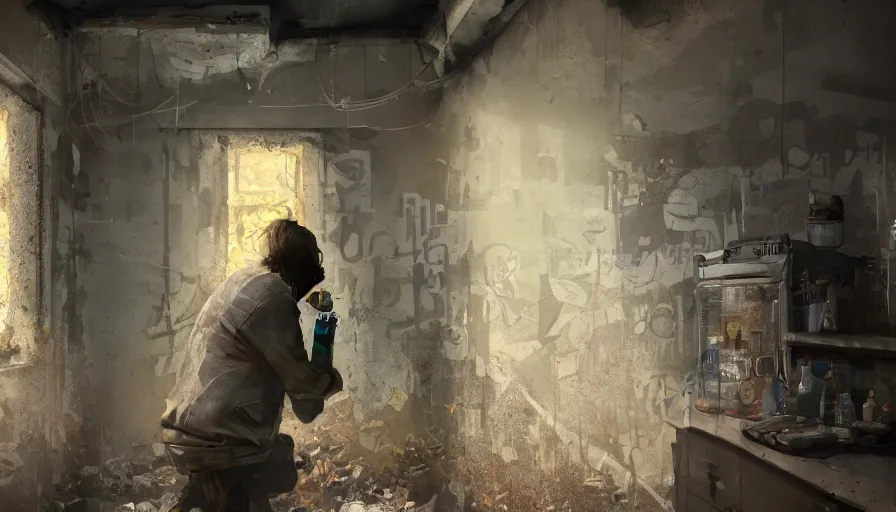 Image similar to homeless guy drink beer bottle in an abandoned dirty dusty hotel, cracked wall, rotten room, flashlight, hyperdetailed, artstation, cgsociety, 8 k