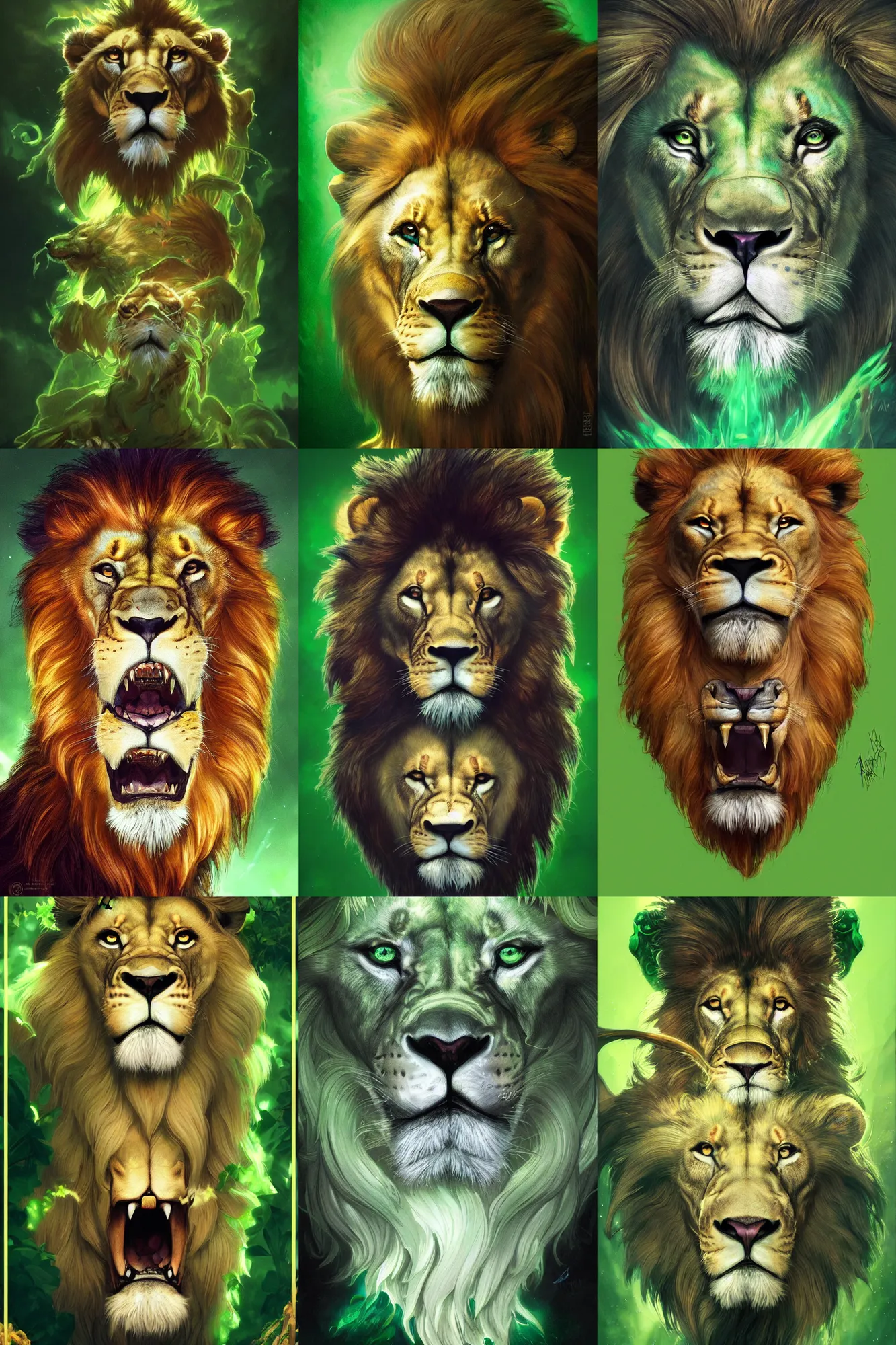 Prompt: ultra realistic illustration, fantasy lion face against a green back for chroma key by artgerm and greg rutkowski and alphonse mucha, constant green background, trending on artstation