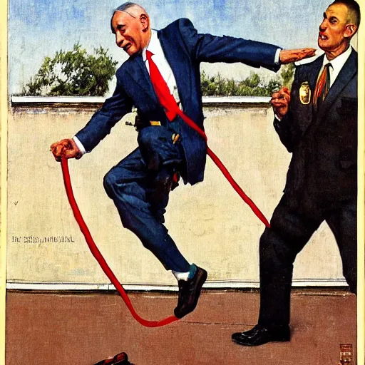 Prompt: benjamin netanyahu jumping a skip rope in a public park by norman rockwell