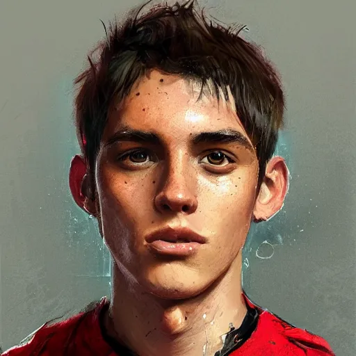Prompt: Portrait of a man by Greg Rutkowski, he is about 20 years old, gallant, straight jaw, attractive, short brown hair with bangs, athletic and strong, childhood friend vibes, he is wearing red and black utilitarian jumpsuit, highly detailed portrait, digital painting, artstation, concept art, smooth, sharp foccus ilustration, Artstation HQ.