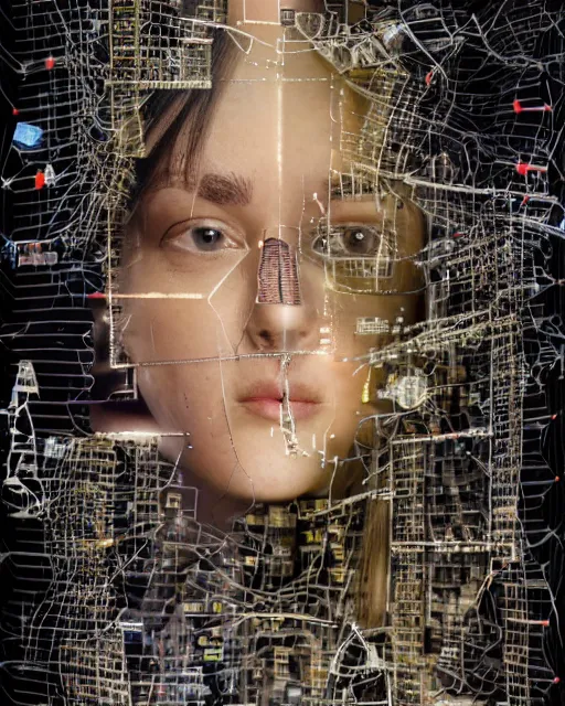 Prompt: technological, different women's faces, cut and paste collage, wires, motherboard, burnt, clean glow, distant future, hypnotized, cold texture, cracked steel, shattered glass, dystopian, serene emotions