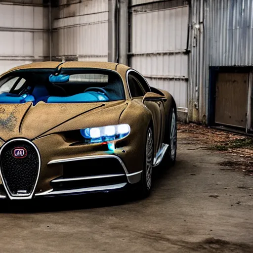 Image similar to an abandoned, derelict, ( really rusty ) bugatti chiron in a dirty warehouse