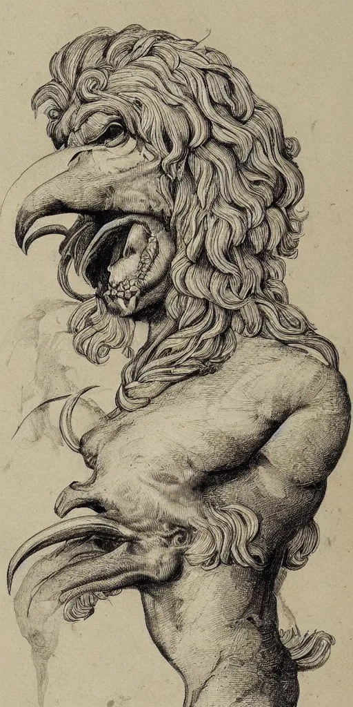 Image similar to human / eagle / lion / ox hybrid. horns, beak, mane, human body. drawn by da vinci