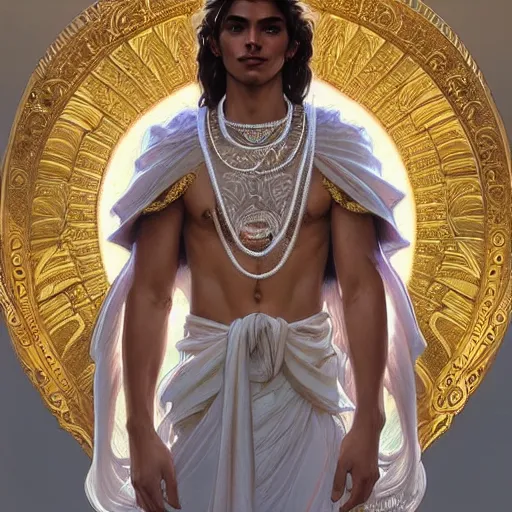 Image similar to beautiful and majestic Peruvian male god wearing a white perizoma, intricate, elegant, highly detailed, digital painting, artstation, concept art, smooth art, sharp focus, illustration, art by artgerm and greg rutkowski and alphonse mucha and loish and WLOP