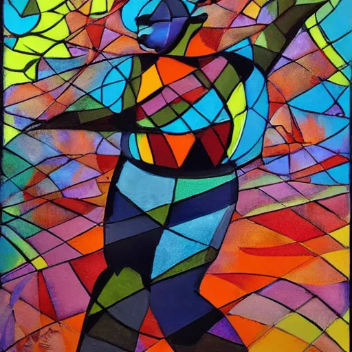 Image similar to fat latin woman dancing, brilliant sunset, cubism, texture, no collage, no pastels