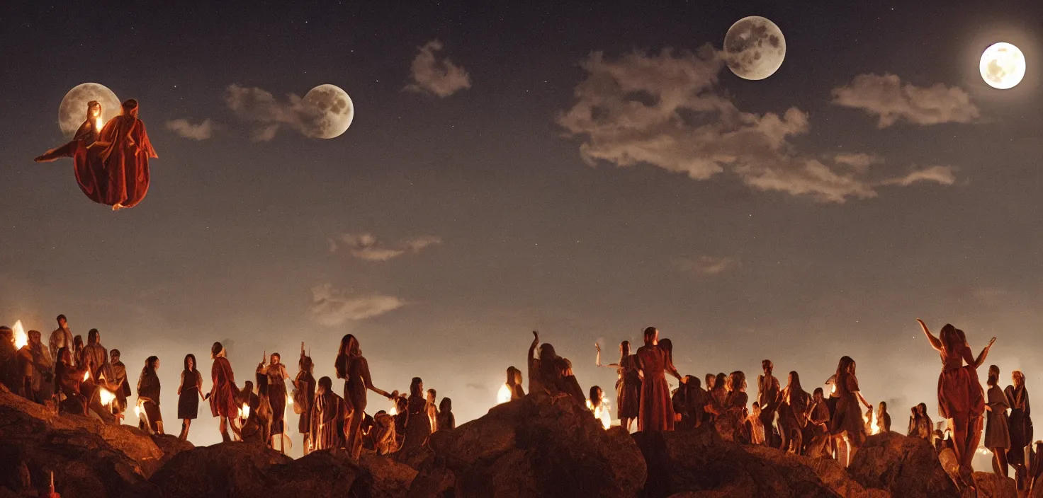 Image similar to a very high resolution historical image. a giant full moon in the mountains while young women float into the air levitating in firelight as the satanic ritual climaxes, 2 4 mm, photorealistic, photography, night directed by wes anderson