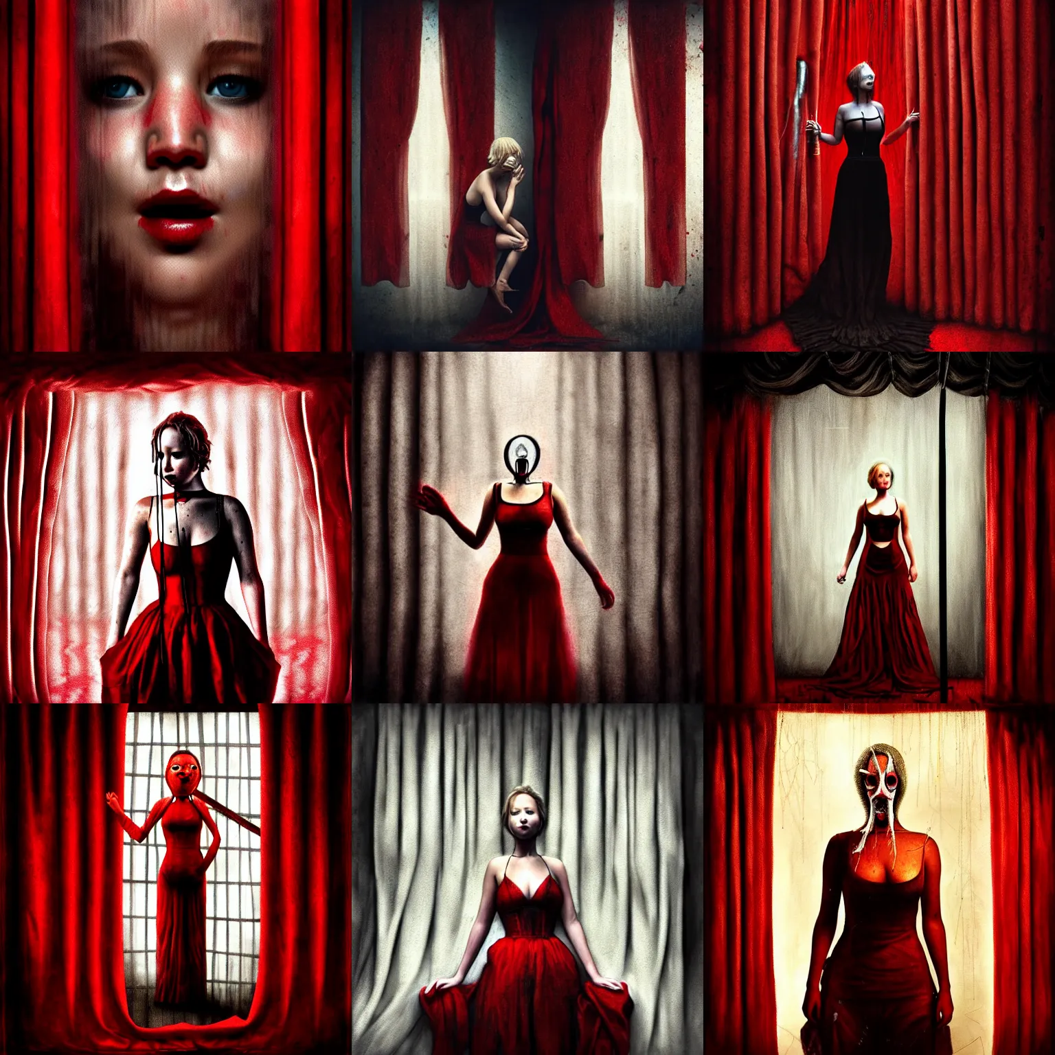 Prompt: strings puppet as Jennifer Lawrence, mouth sewn shut, behind red curtains by Brooke Shaden, medium shot, intricate, dystopian, sci-fi, extremely detailed, digital painting, artstation, concept art, smooth, sharp focus, illustration, intimidating lighting, incredible art, details visible, very dark ambiance