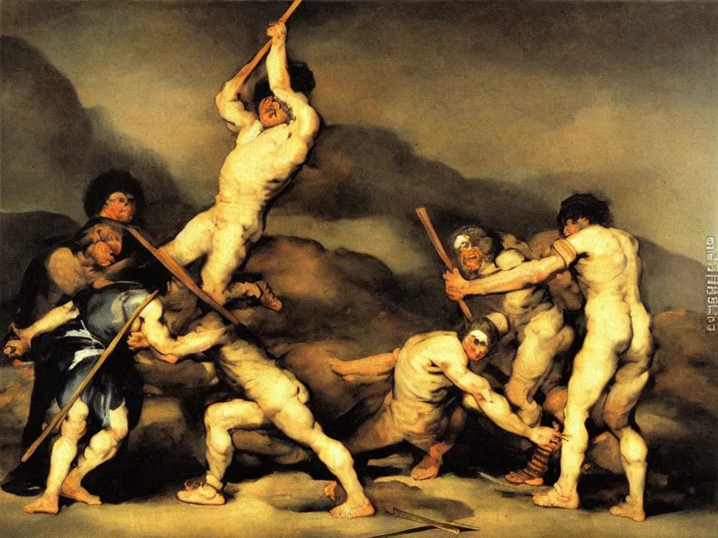 Image similar to Cain kills Abel with a spear by francisco goya, mythological painting, oil painting