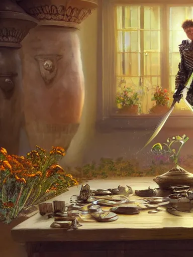 Prompt: a magical male socerer, working in a table full of artifacts. weeds anf flowers growing on the floor. intricate, elegant, highly detailed, digital painting, artstation, concept art, sharp focus, illustration, by justin gerard and artgerm, 8 k