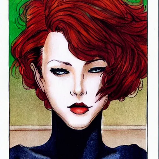 Image similar to a beautiful redhead girl, green eyes, milo manara style