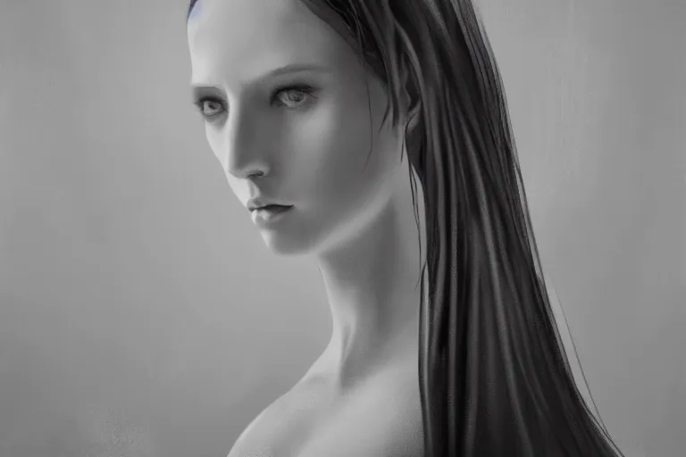 Image similar to ultra realist soft painting portrait of a single beautiful porcelain gothic princess in a full long curvy slim dress in the world of Lovecraft, looking at camera, very intricate details, ultra dense fog, golden ratio, volumetric black and white lighting, reflections, refractions, symmetry accurate anatomy features, unreal render