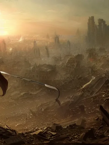 Prompt: the grim reaper holding a scythe, trought a destroyed city with people scared. the sun starting to rise during the twilight in the background. intricate, elegant, highly detailed, digital painting, artstation, concept art, sharp focus, illustration, by justin gerard and artgerm, 8 k