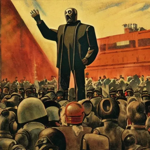 Prompt: robot revolutionary speaking to a crowd of robots amid the backdrop of a cyberpunk city (((in the socialist realist style))) of lenin speaking to the red army by isaac brodsky