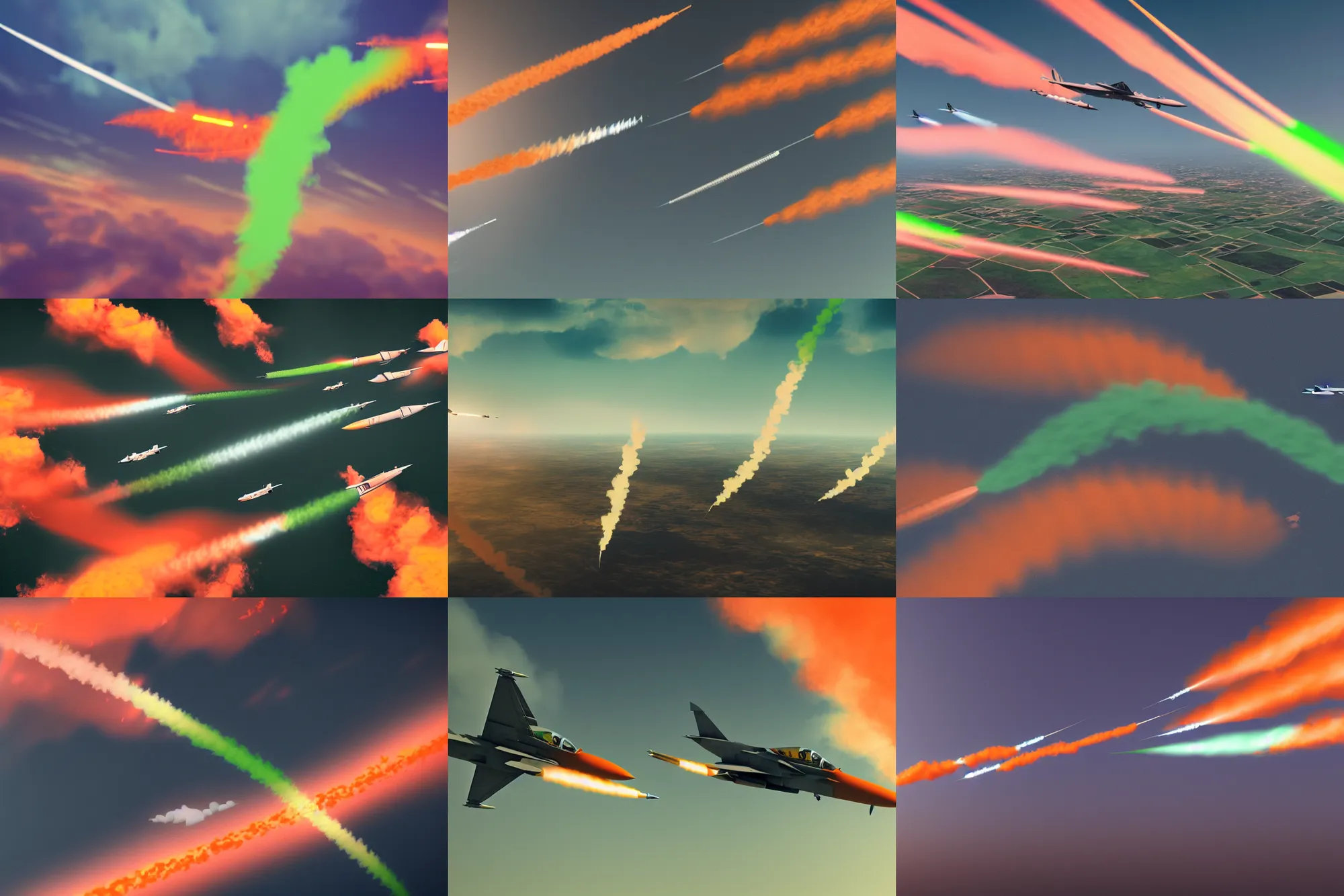 Prompt: fighter jets in sky with orange white and green smoke trails, 4 k, octane render, cinematic