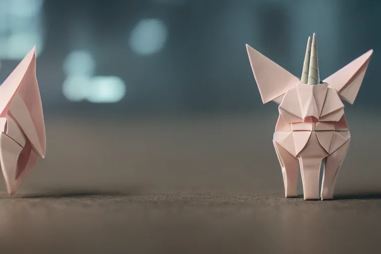 Prompt: beautiful three point perspective film still of funko pop origami unicorn in blade runner, extreme closeup portrait in style of frontiers in miniature porcelain photography fashion architectural art studio edition, miniature porcelain portrait, eye contact, tilt shift style scene background, soft lighting, kodak portra 4 0 0, 8 k, macro, cinematic style by emmanuel lubezki