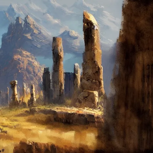 Image similar to concept art by craig mullins : an italian landscape, in the distance a small mesa of white marble can be seen. a stone henge is standig atop of the cliff