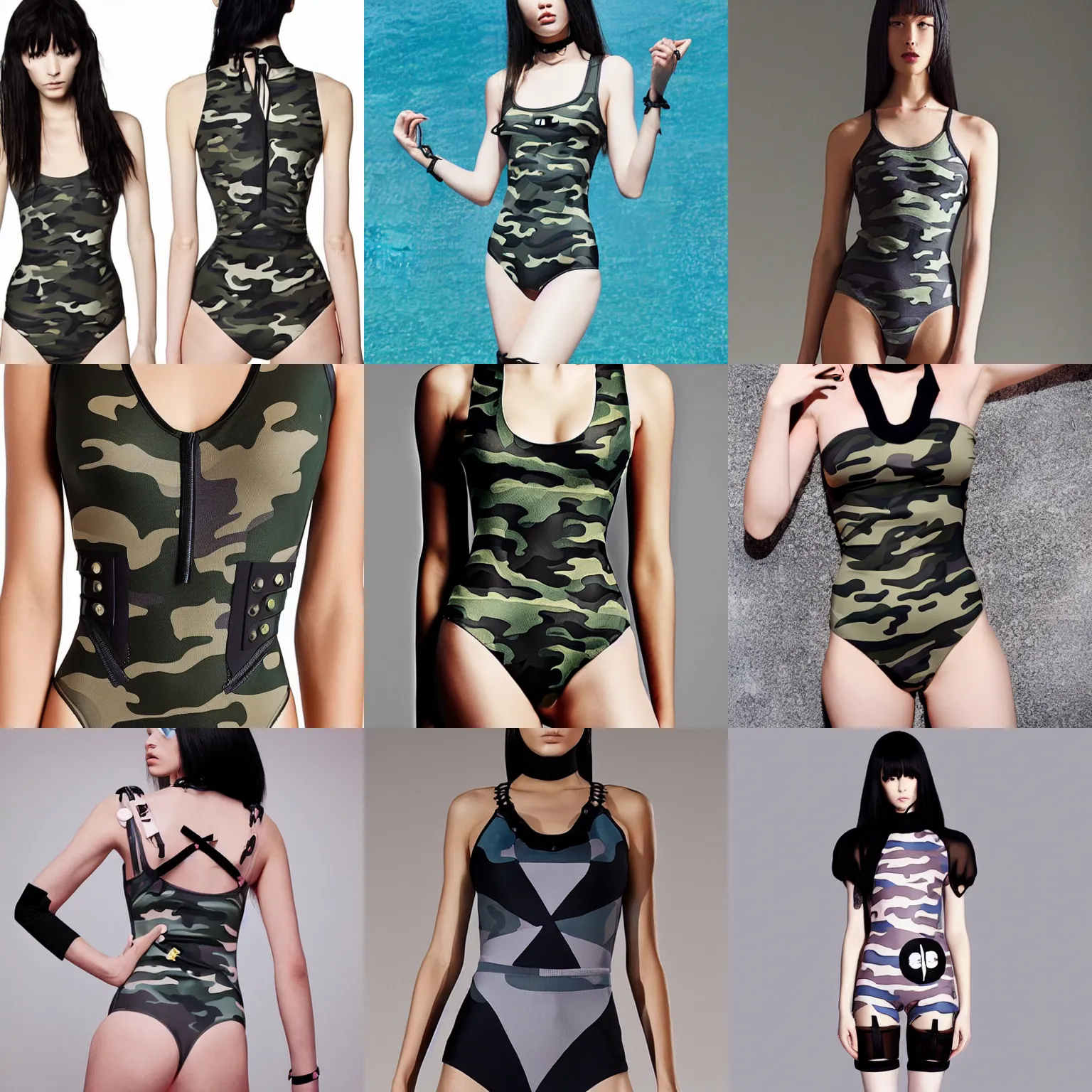 Prompt: balenciaga military camo pastel gothic swimsuit, hot topic anime style