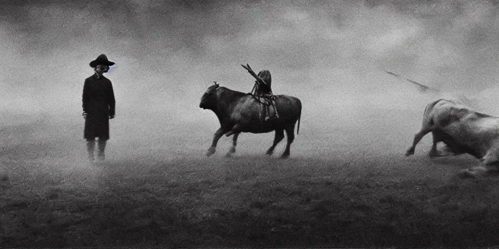 Image similar to detailed medium format photo, polaroid still from tarkovsky movie, matador facing off with bull, blurred motion, haze, high production value, intricate details, 8 k resolution, hyperrealistic, hdr, photorealistic, high definition, technicolor, award - winning photography, masterpiece, amazing colors