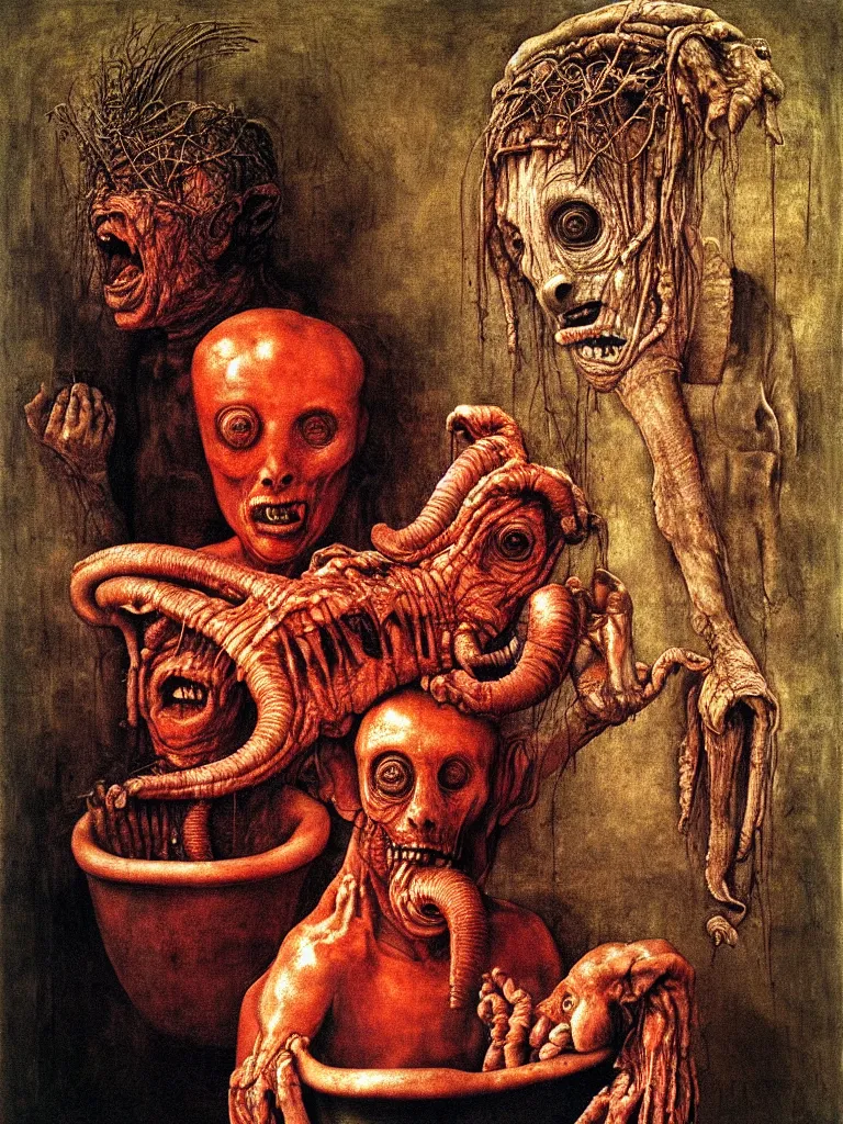 Prompt: a boy like eraserhead and elephant man sitting in a tub full of tomato sauce, inside an empty cathedral, looking straight into camera, screaming, by giuseppe arcimboldo and ambrosius benson, renaissance, a touch of beksinski and hr giger, realistic