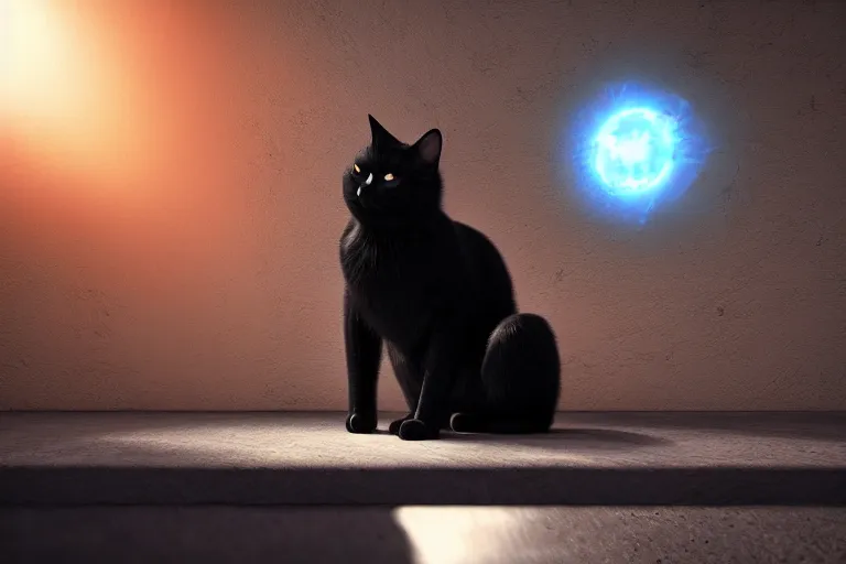 Prompt: black cat sitting next to an energy ringed portal, photorealistic, octane, Unreal Engine, finalRender, concept art, digital illustration, artstation, artstation hq, hd, 4k resolution