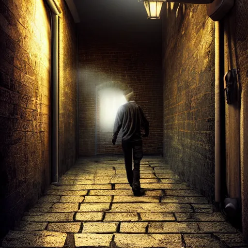 Prompt: a man finding a secret portal in an alley, highly detailed, digital art, 8k, cinematic lighting