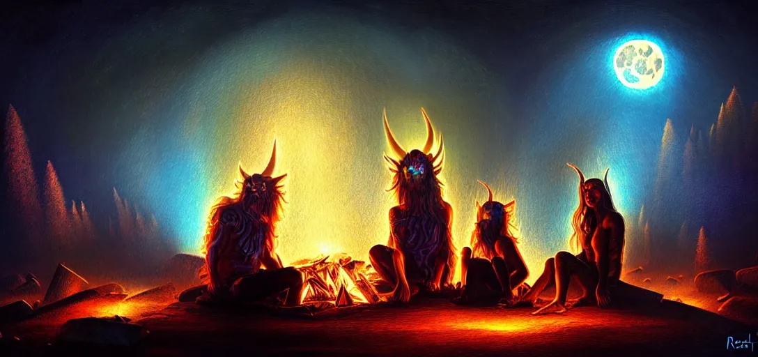 Image similar to uncanny!!! bifrost!!! mythical beasts of sitting around a fire under a full moon at bifrost, surreal dark uncanny painting by ronny khalil