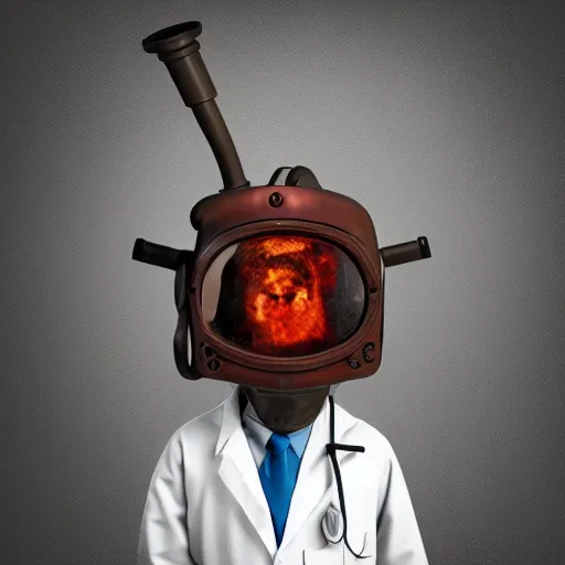 Prompt: An album cover, (fire), mask, stethoscope!, (doctor), 3d render, robot!, TV, (unreal engine), (rust), photograph, portrait, painting, forest