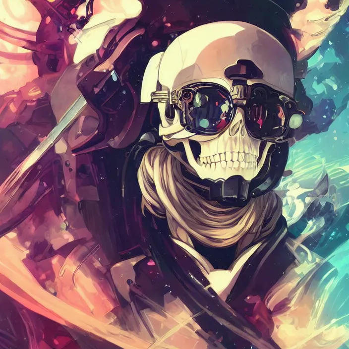 Image similar to anime skull portrait space pirate captain, futuristic science fiction, mucha, hard shadows and strong rim light, art by jc leyendecker and atey ghailan and sachin teng