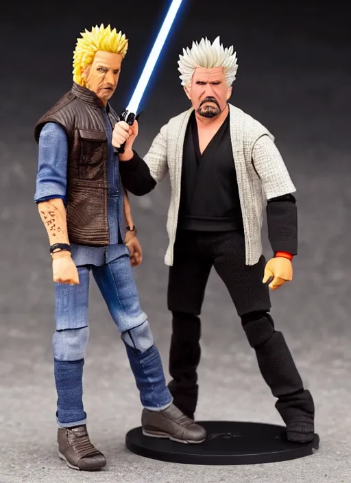 Prompt: star wars black series action figure of guy fieri fighting action figure of tony robbins, pristine toy, extremely detailed