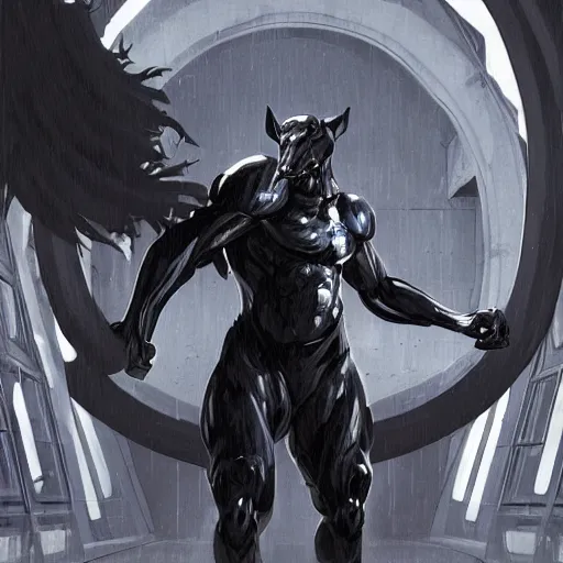 Image similar to splash art of a black - coated anthropomorphic horse supersoldier with gargantuan muscles in a research facility wearing a combat kevlar outfit, long white mane, highly detailed, furry, furaffinity, digital painting, artstation, smooth, sharp focus, illustration, art by artgerm, greg rutkowski, alphonse mucha, wlop