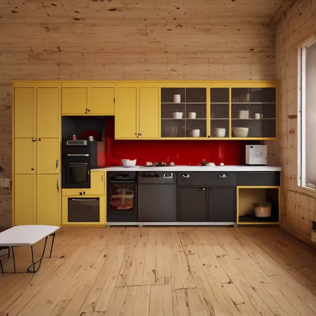 Prompt: kitchen interior in a wooden a frame cabin, yellow cabinets and white walls, red vintage fridge, large window in back, leather couch, realistic, unreal engine render, octane render, hyper realistic, photo, 8 k