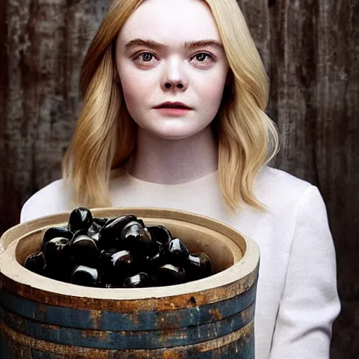 Prompt: Elle Fanning’s face emerges from a barrel filled with olives in oil