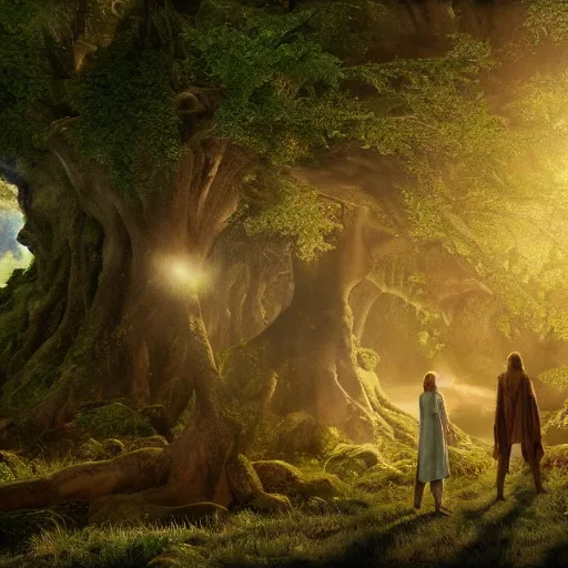 Image similar to frodo & sam & yavanna under tree in valinor lord of the rings, movie still, 4 k, octane render