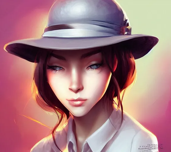 Image similar to mysterious smiling girl puts on a different hat, digital art, trending on artstation, artgerm, very detailed, great quality, illustration, smooth, sharp focus, concept art,