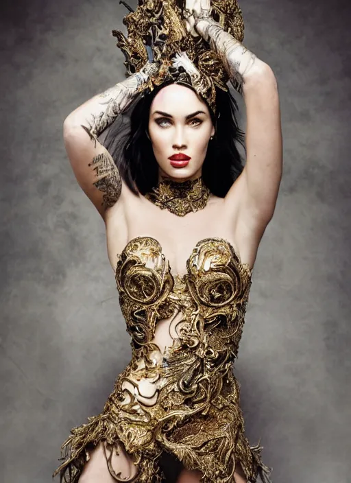 Image similar to a portrait of megan fox by stefan geselle and nekro borja, photorealistic, intricate details, hyper realistic, fantasy, elegant, baroque gold headpiece, photorealistic, canon r 3, photography, wide shot, symmetrical features, symmetrical pose, wide angle shot, head to toe, standing pose, feet on the ground, wearable art