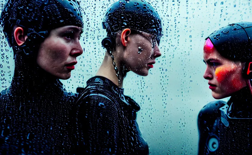 Image similar to cinestill 5 0 d candid photographic portrait by christopher nolan of two loving female androids wearing rugged black mesh techwear in treacherous waters, extreme closeup, modern cyberpunk retrofuturism moody emotional cinematic, pouring colorful rain, 8 k, hd, high resolution, 3 5 mm, f / 3 2, ultra realistic faces, ex machina