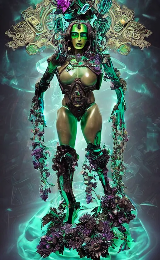 Image similar to a young beautiful latina metal and ceramic android with a large glowing green crystal in the center of her chest, full-body bronze cyberpunk style statue of Andromeda with glowing sapphire laser eyes, crown of mechanical chrysanthemums, flowing aqua silk, fabric, steampunk flowers. baroque elements, human skull. full-length view. baroque element. intricate artwork by caravaggio. many flying horses on background. Trending on artstation, octane render, cinematic lighting from the right, hyper realism, octane render, 8k, depth of field, 3D