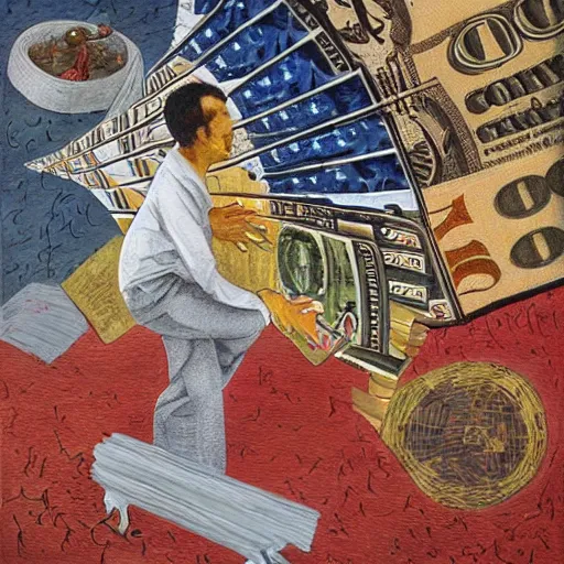 Prompt: symbolic painting of capitalism placing billions into poverty