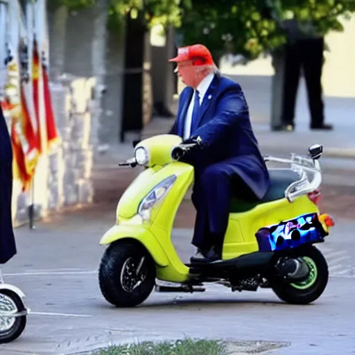 Image similar to donald trump riding a toy scooter away from police cars