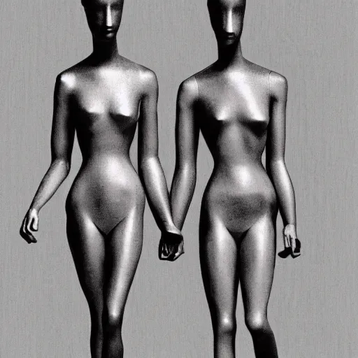 Prompt: escher print of two mannequins walking hand in hand