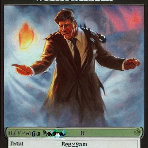 Prompt: ronald reagan magic the gathering card, fantasy art, in the style of magic the gathering card art