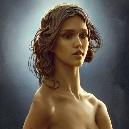 Image similar to jessica alba marble statue, cinematic lighting, fantasy, intricate, highly detailed, lifelike, photorealistic, digital painting, artstation, illustration, concept art, sharp focus, art by john collier and albert aublet and krenz cushart and artem demura and alphonse mucha